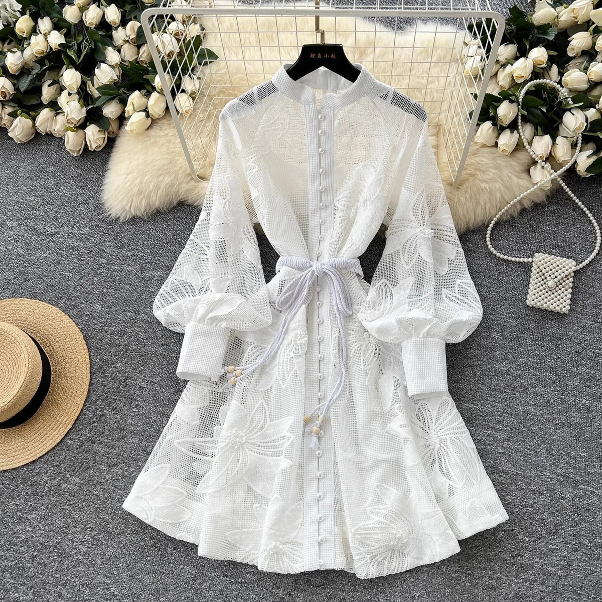 Beatrice Embroidered Lace Belted Dress