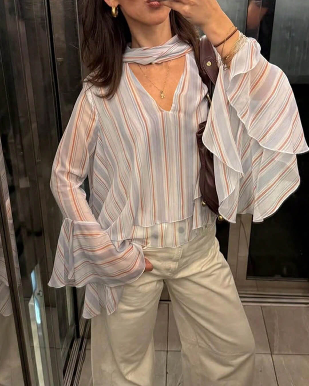 Hanna Stripe Ruffle Tie-Neck Blouse