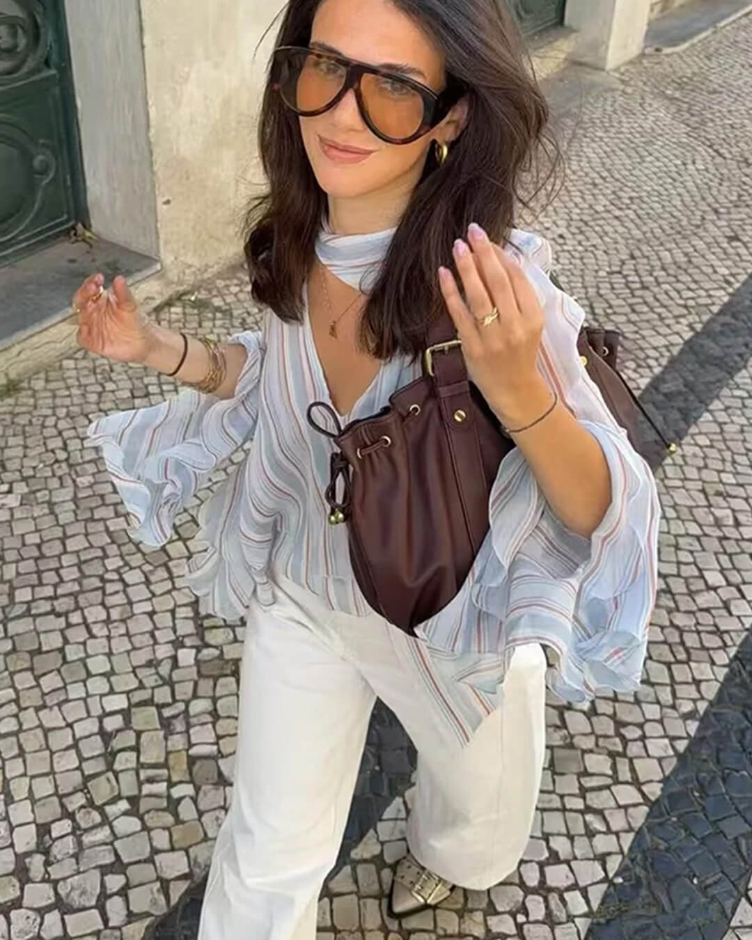 Hanna Stripe Ruffle Tie-Neck Blouse