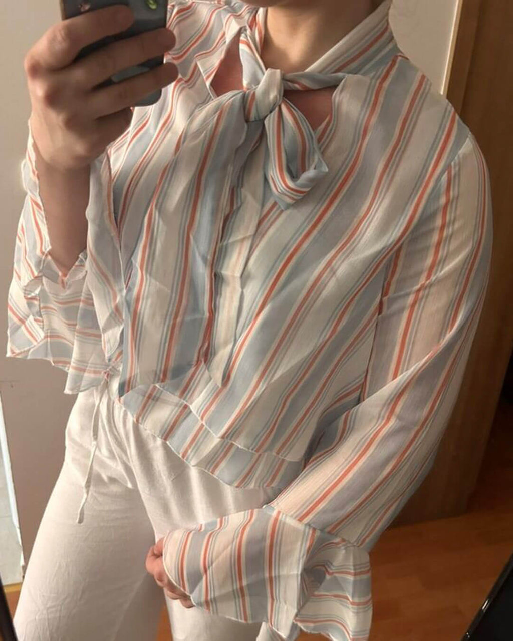 Hanna Stripe Ruffle Tie-Neck Blouse