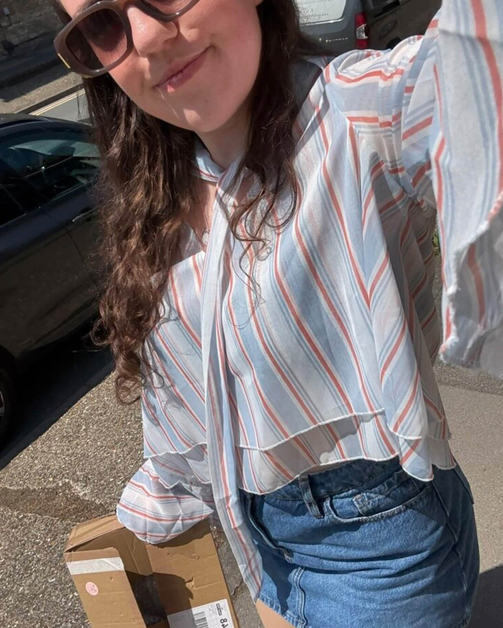 Hanna Stripe Ruffle Tie-Neck Blouse