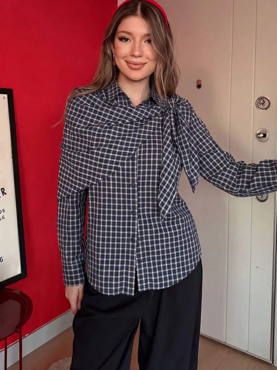 Lena Plaid Scarf-Tie Shirt