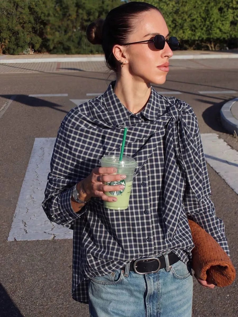 Lena Plaid Scarf-Tie Shirt