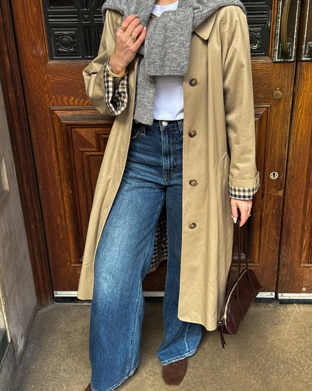 Annie Check-Accent Mid Trench Coat