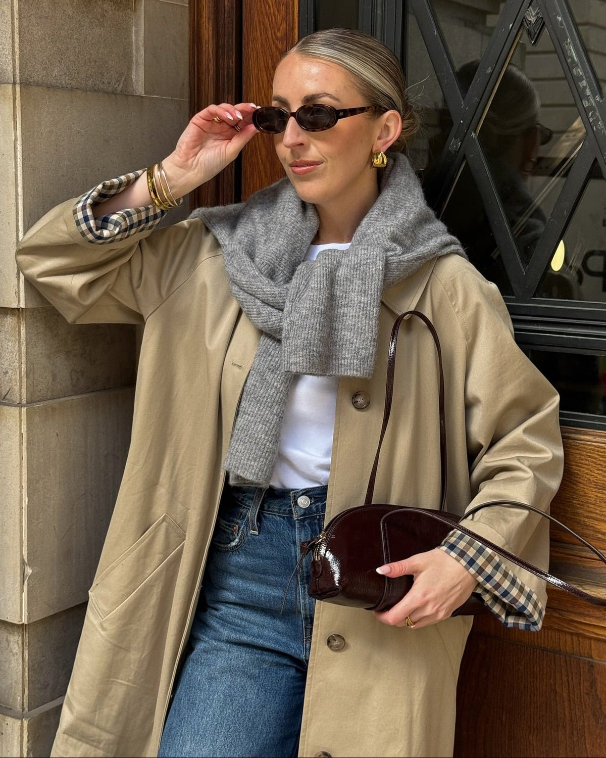 Annie Check-Accent Mid Trench Coat
