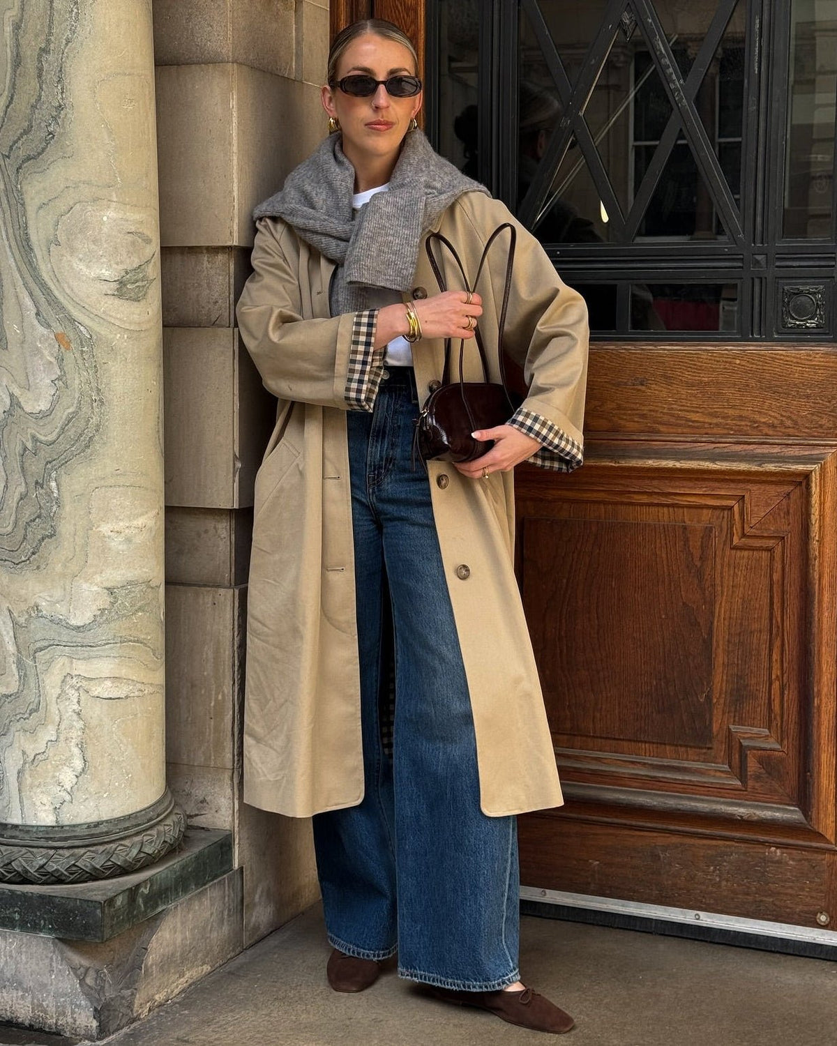 Annie Check-Accent Mid Trench Coat