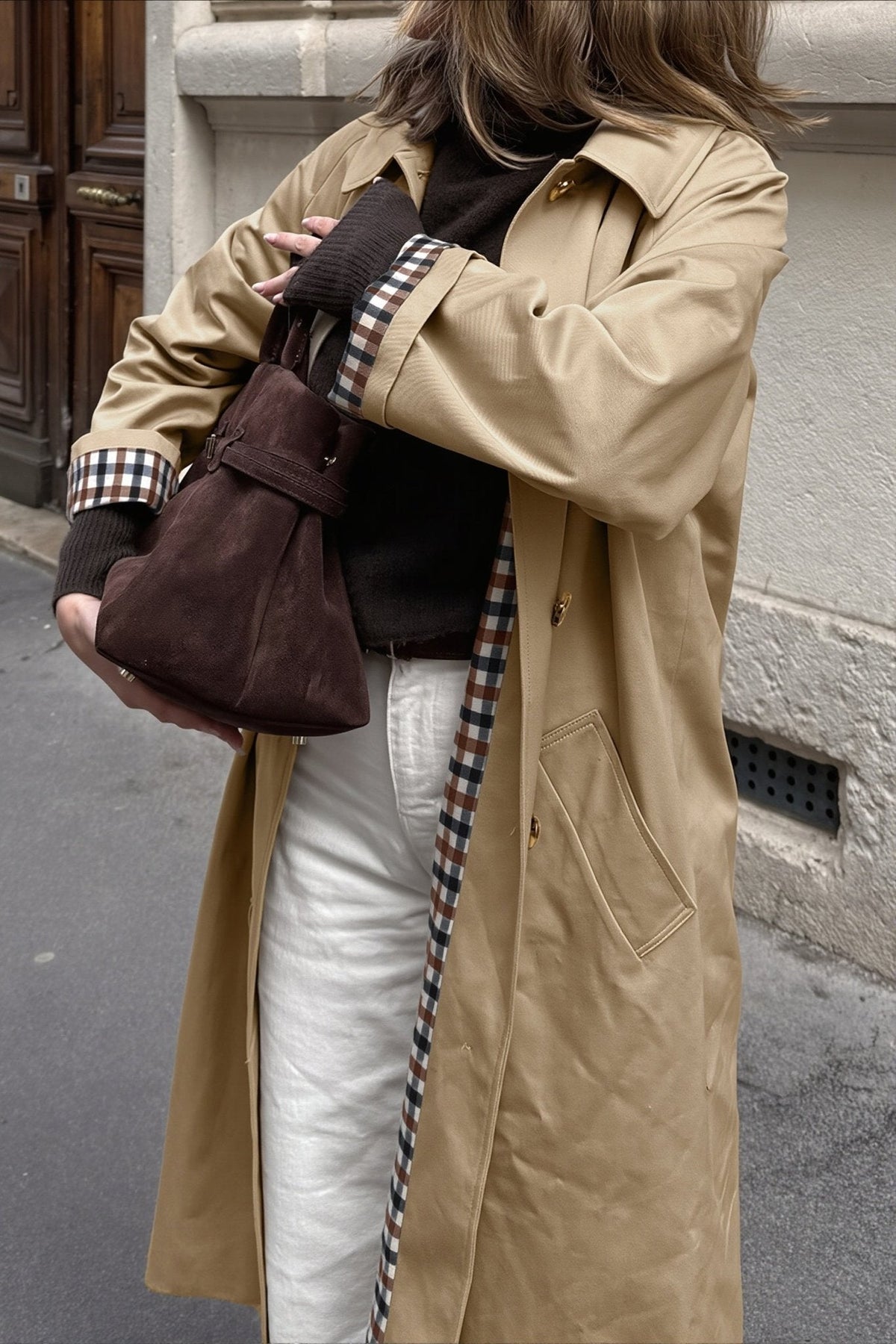 Annie Check-Accent Mid Trench Coat