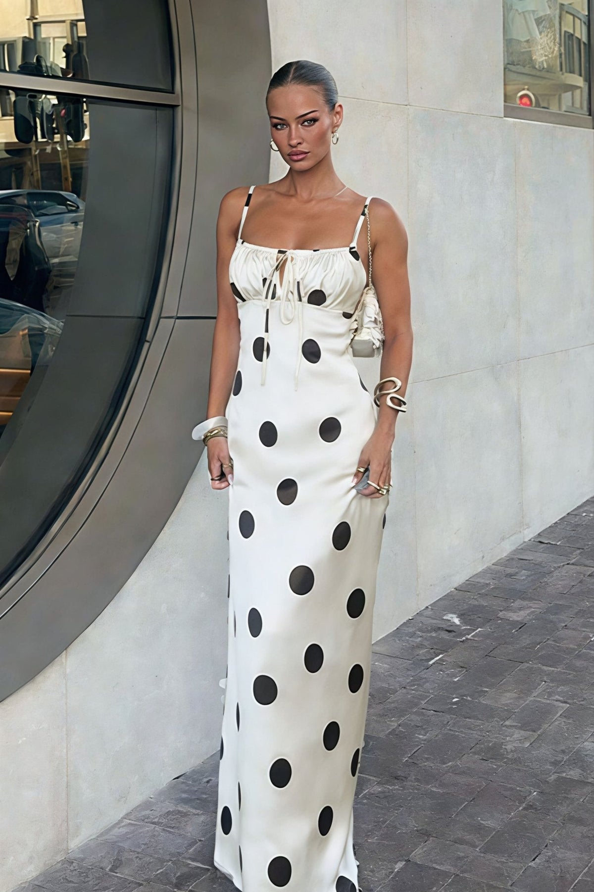 Beatrice Polka Dot Silk Satin Maxi Dress