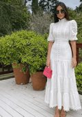 Isabelle Eyelet Lace Puff Sleeves Midi Dress