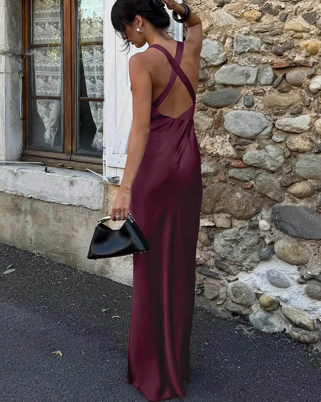 Joyce Wine Red Satin Halter Maxi Dress