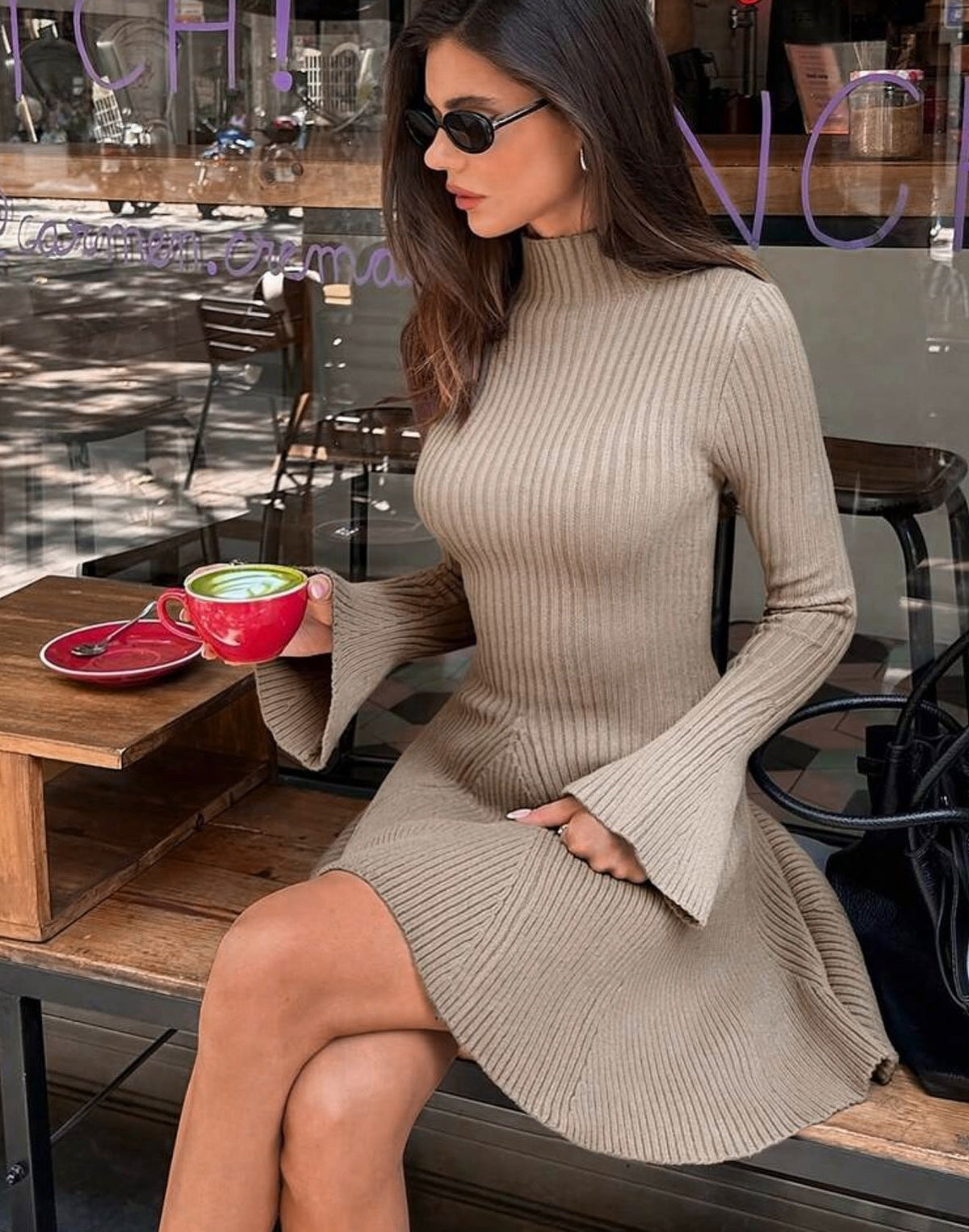 Kelly Bell Sleeve Ribbed Knit Sweater Dress