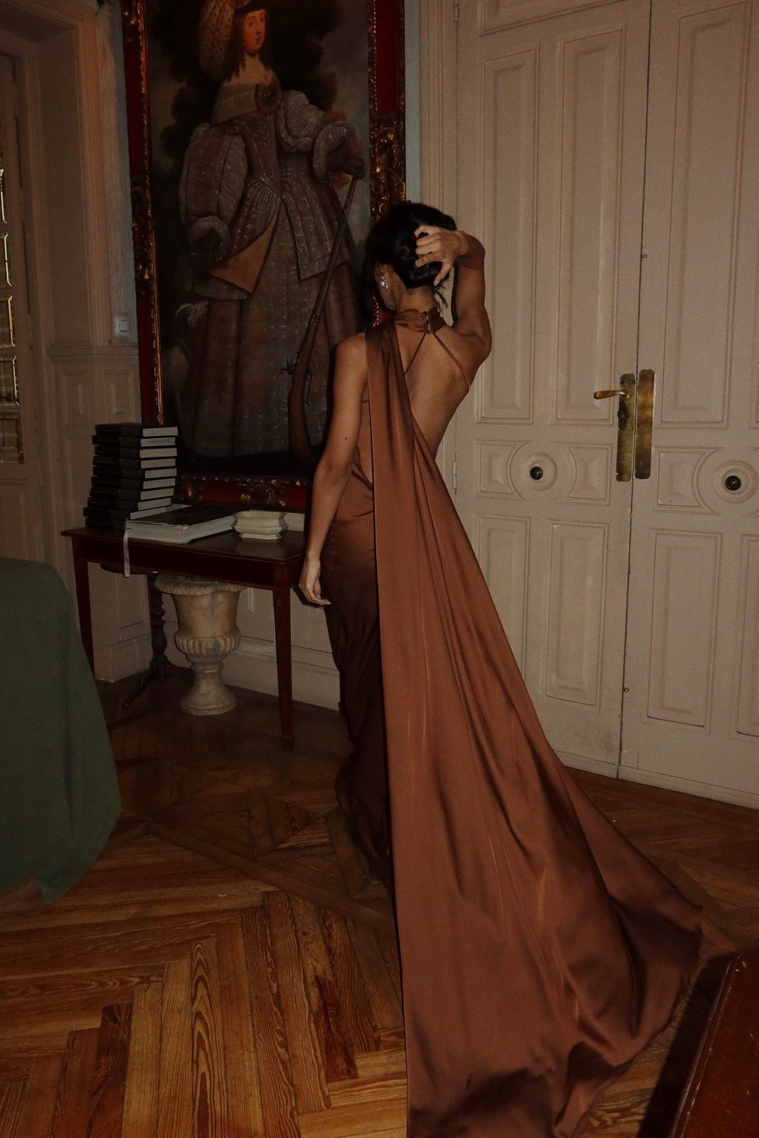Melanie Halter Open Back Cape Maxi Dress