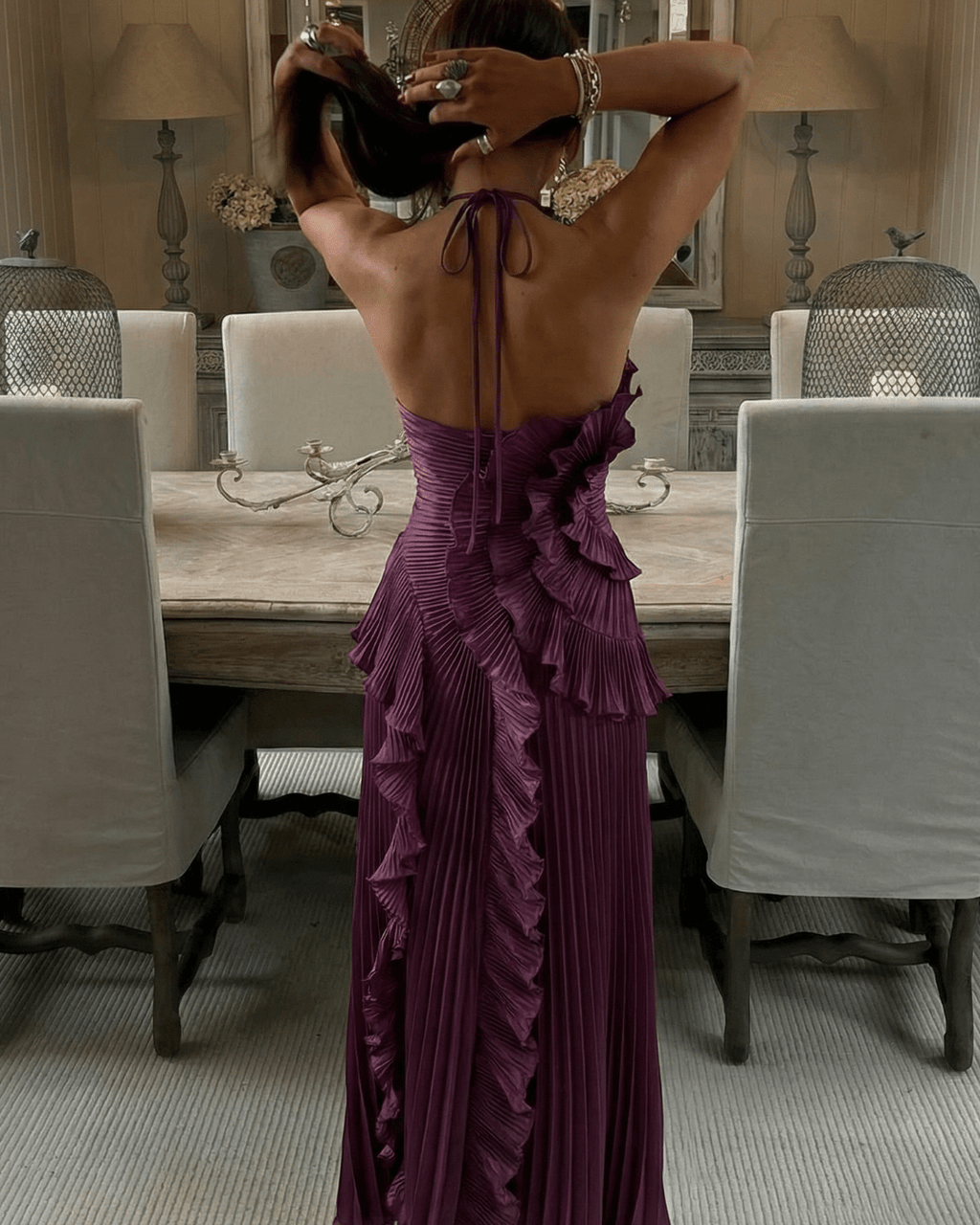 Rachel Halter Pleated Ruffle Maxi Dress