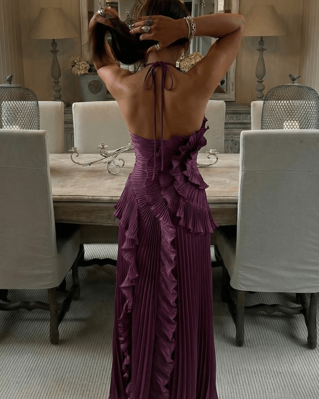 Rachel Halter Pleated Ruffle Maxi Dress