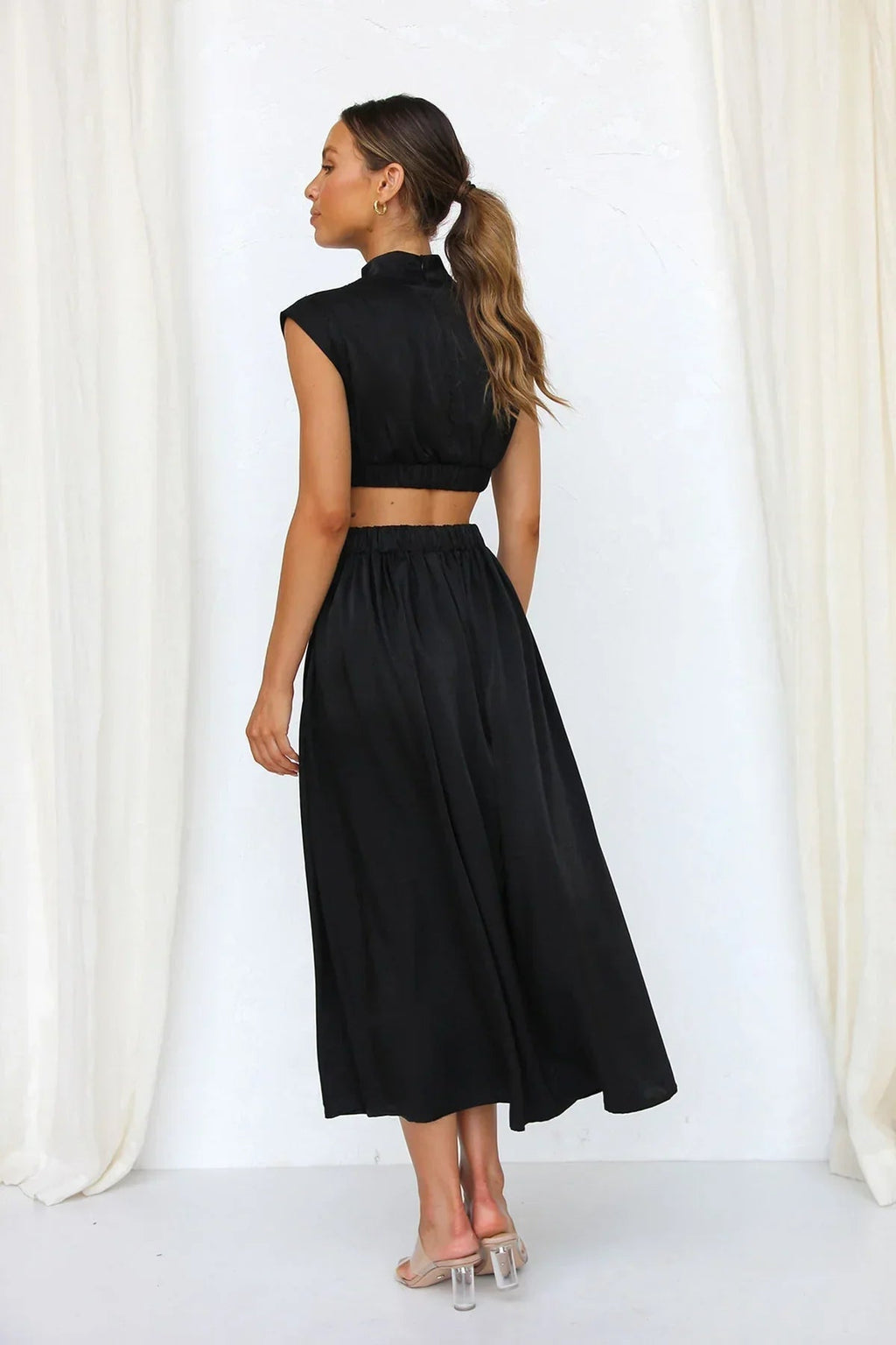 Valentina High-Neck Midi Dress with Waist Cutouts