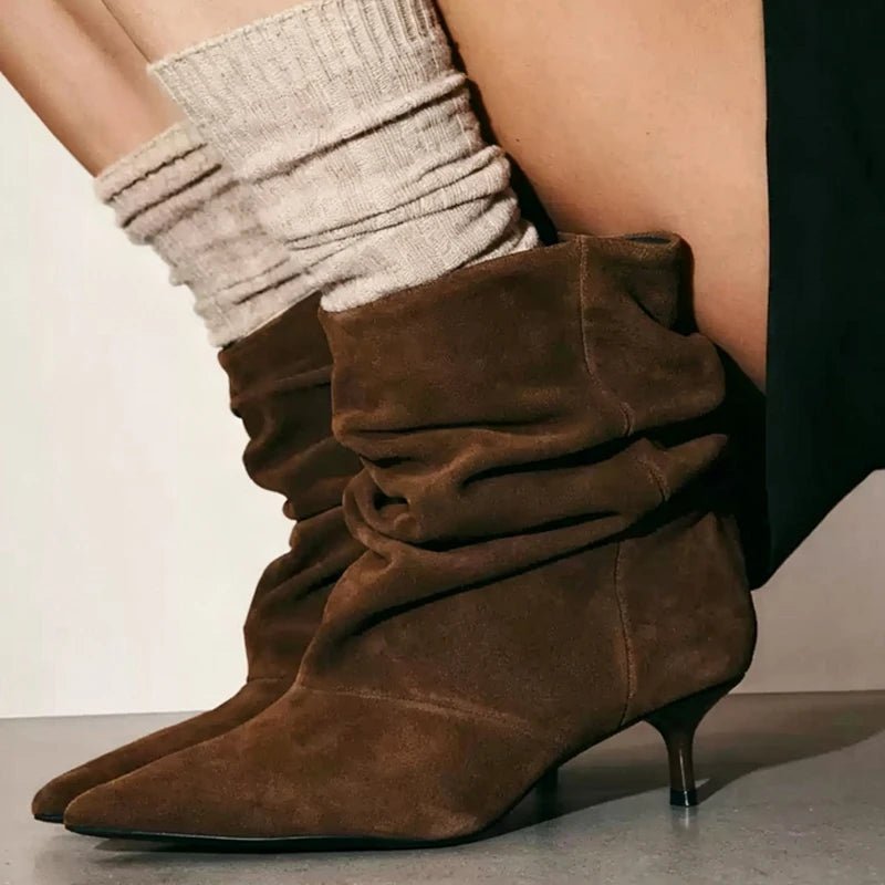 Amanda Faux Suede Ruched Ankle Boots