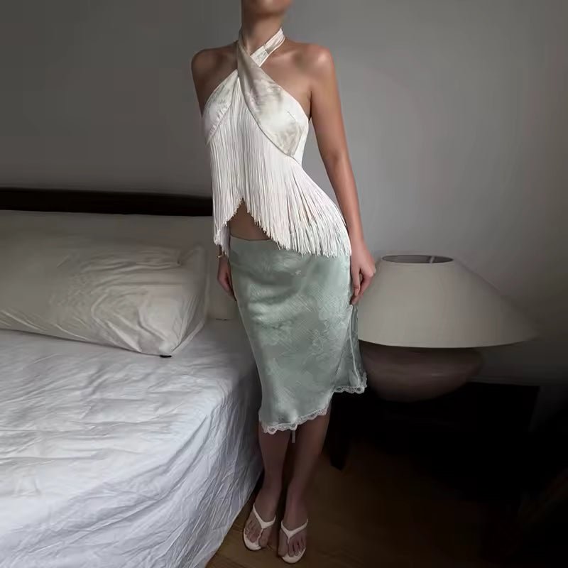 Amelie Satin Fringed Halter Top