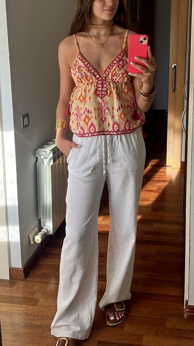 Agrafena Embroidered Boho Tassel Tie Cami Top