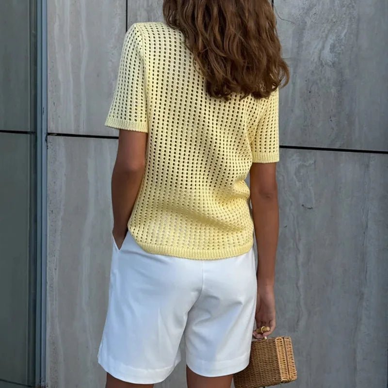 Adeline Hollow Out Knit Polo Blouse