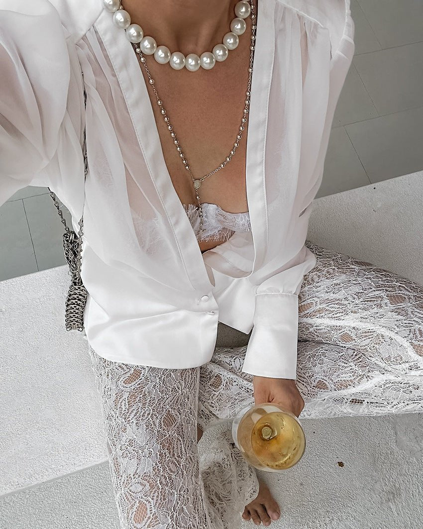 Elisa Deep Neck Sheer Button Blouse