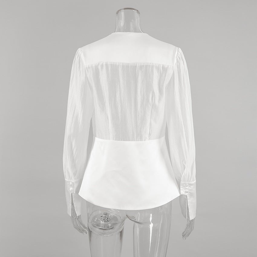 Elisa Deep Neck Sheer Button Blouse