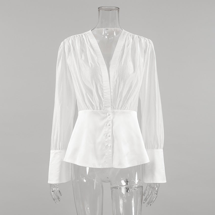 Elisa Deep Neck Sheer Button Blouse