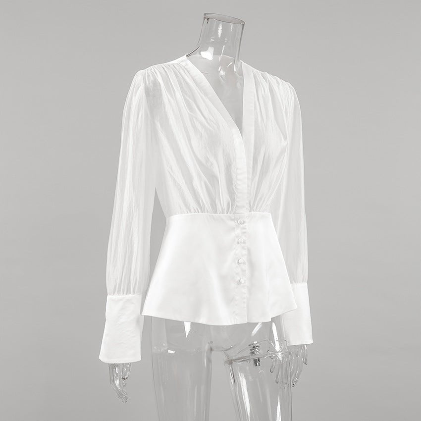 Elisa Deep Neck Sheer Button Blouse